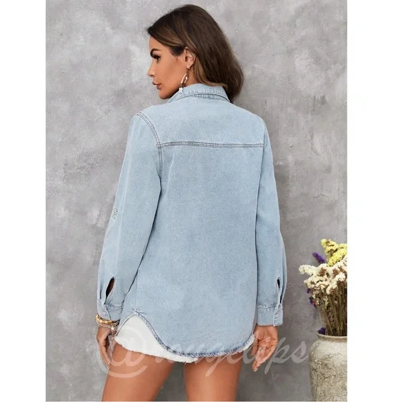 Light Wash Blue Flap Pocket Roll Tab Long Sleeve Denim Button Up Down Shirt - Picture 4 of 6